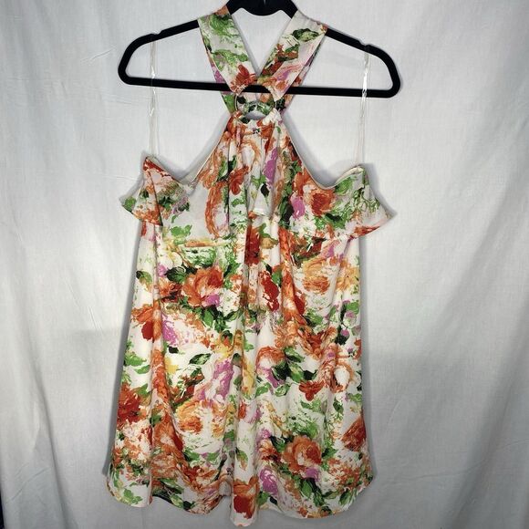 ENTRO Dress Floral Halter Cold Shoulder Ruffle Mini Flowy Boho L Anthropologie - Picture 3 of 10